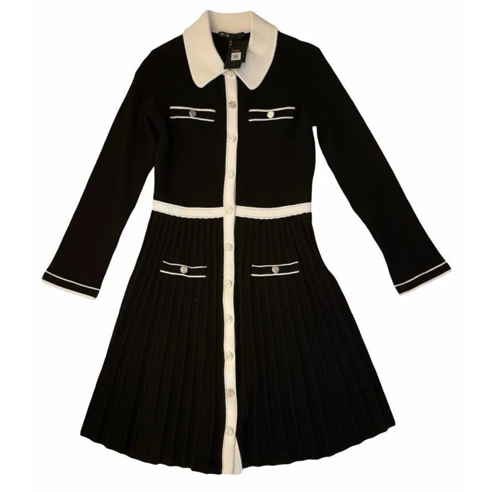 Maje Black White Pleated Shirt Dress Women’s 36 Button Front Collared
